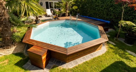 Achtvormig zwembad in tuin met palmbomen