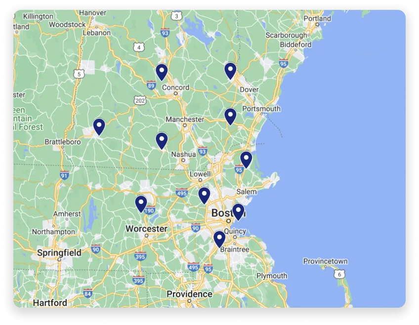 Map of part of New England, including Massachusetts, New Hampshire, and Connecticut, marked with blue pins indicating specific locations. Notable cities include Boston, Worcester, and Concord.