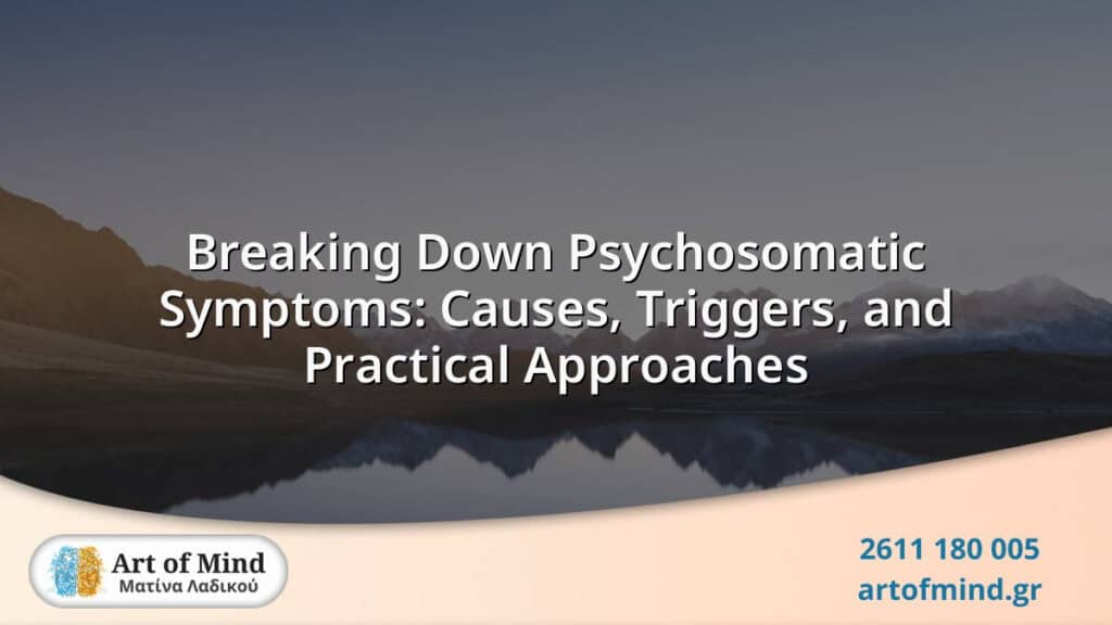 Illustration explaining psychosomatic symptoms including causes, common triggers, and practical therapeutic approaches used in psychotherapy and clinical hypnosis.