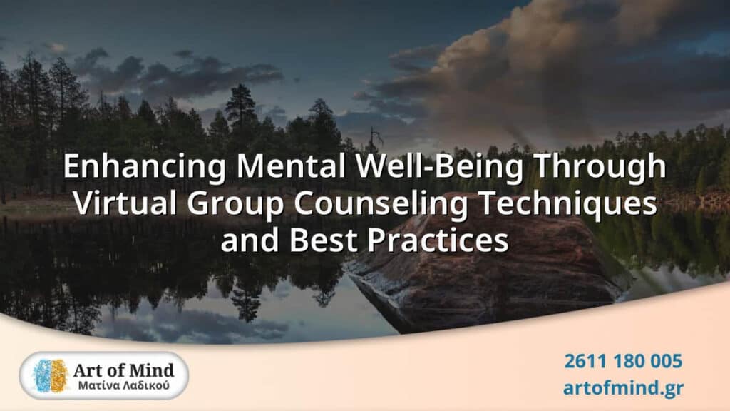Virtual group counseling session displayed on a laptop screen, illustrating techniques and best practices to enhance mental well-being through online interactive therapy.