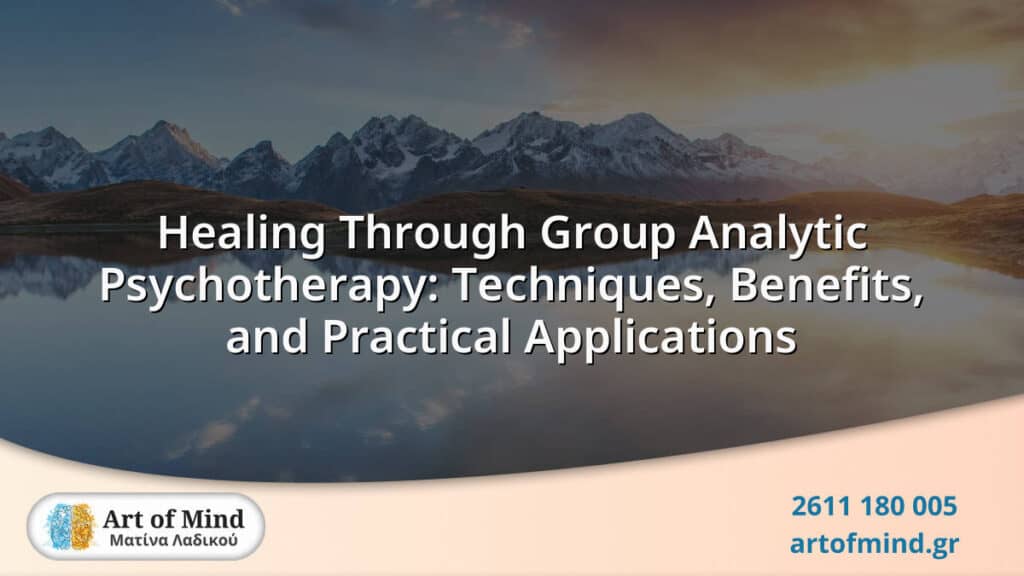 Group analytic psychotherapy session illustrating collective healing and personal growth through shared experiences and supportive group dynamics in a therapeutic setting.