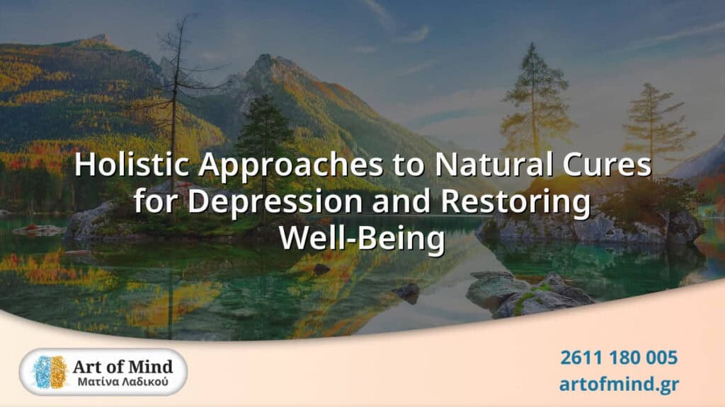 Illustration representing holistic approaches to natural methods for alleviating depression and enhancing mental well-being through psychotherapy and alternative techniques.
