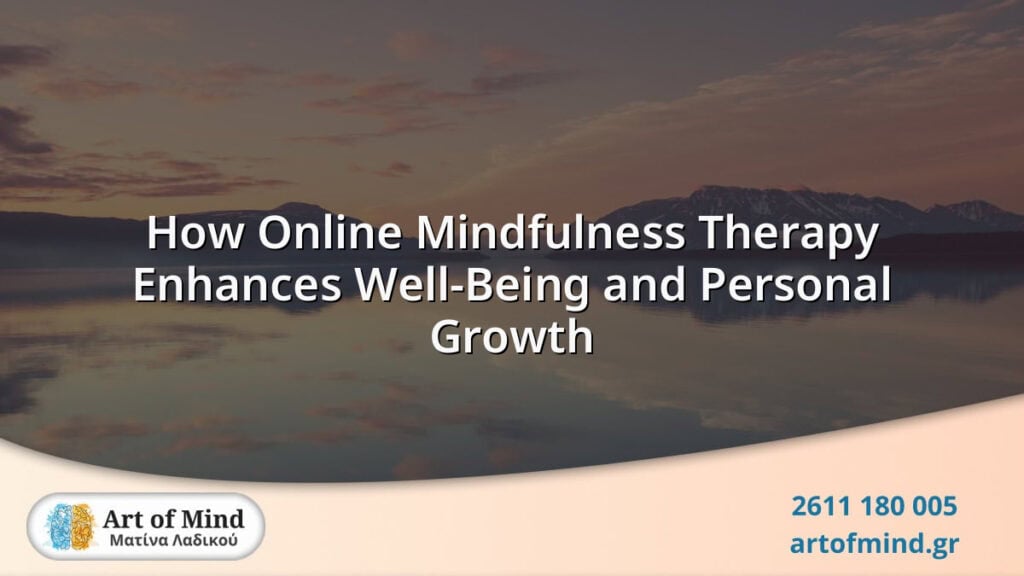 Illustration of online mindfulness therapy session promoting emotional resilience and personal growth through digital mental health services at Art of Mind center.