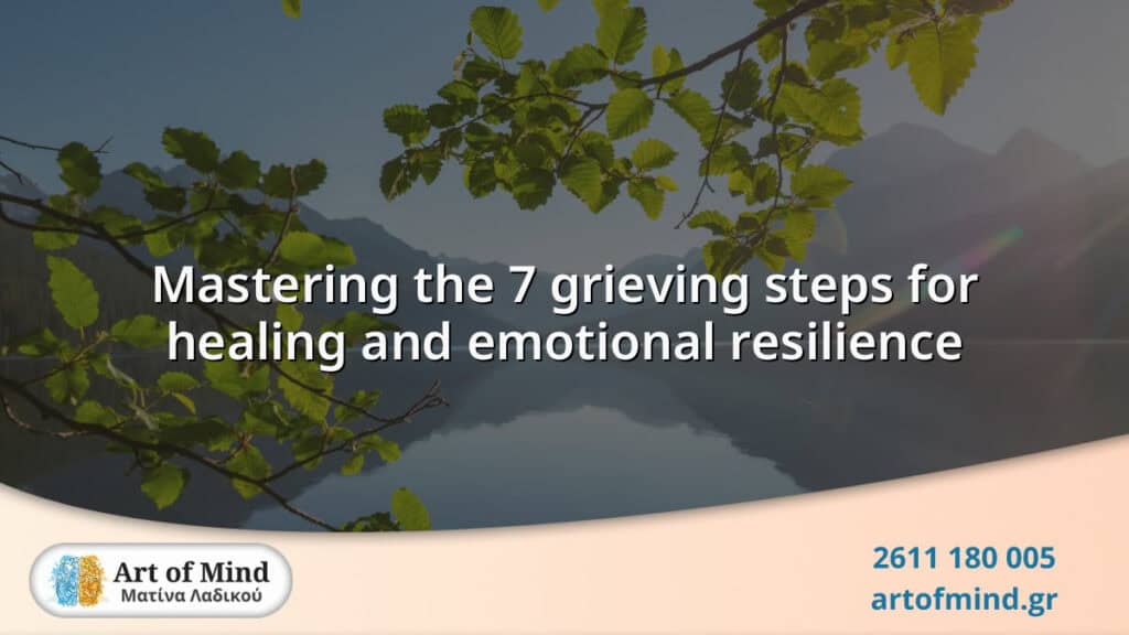 Illustration symbolizing the seven distinct steps of grief, representing the emotional journey towards healing and building resilience after loss, designed for psychotherapy guidance.