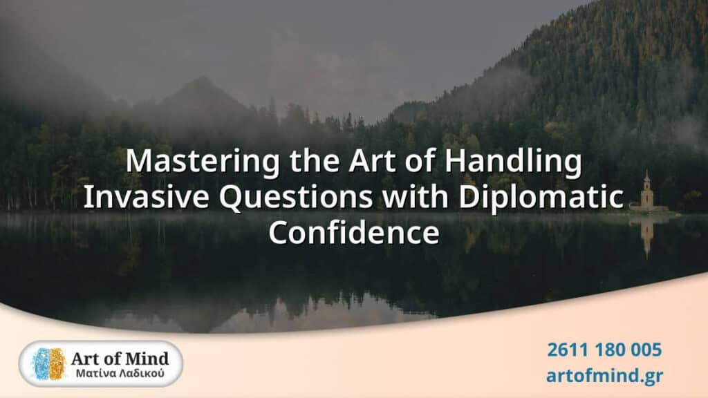 A professional woman confidently addressing invasive questions with diplomatic communication techniques, symbolizing effective interpersonal skills in therapy and counseling contexts.
