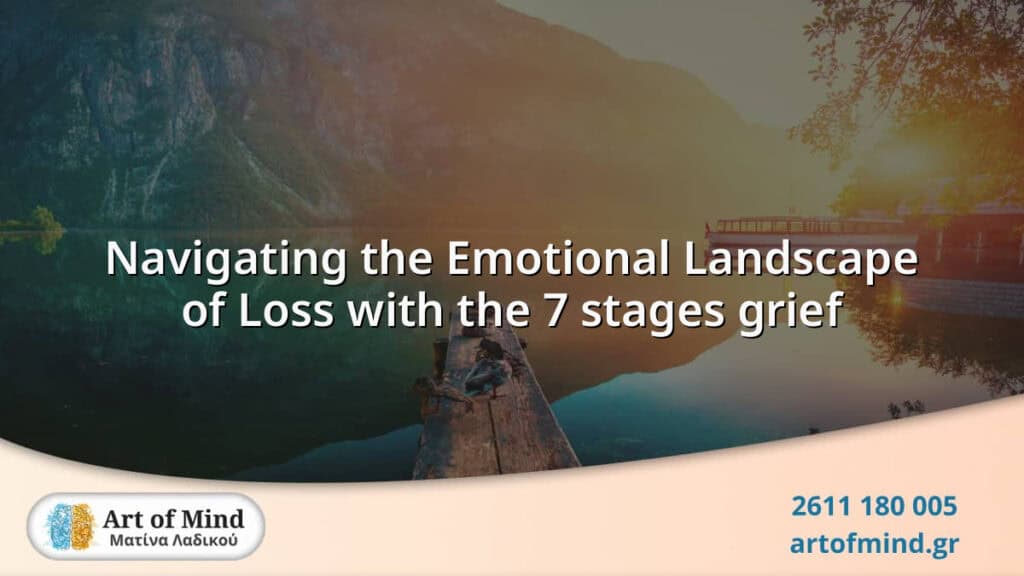 Illustration representing the complex emotional journey of grief, depicting the seven stages of loss as experienced in personal healing and emotional resilience.
