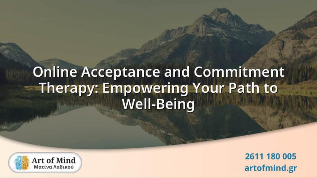 Illustration representing Online Acceptance and Commitment Therapy (ACT) highlighting mindfulness and behavioral change techniques for mental well-being in digital therapy sessions.