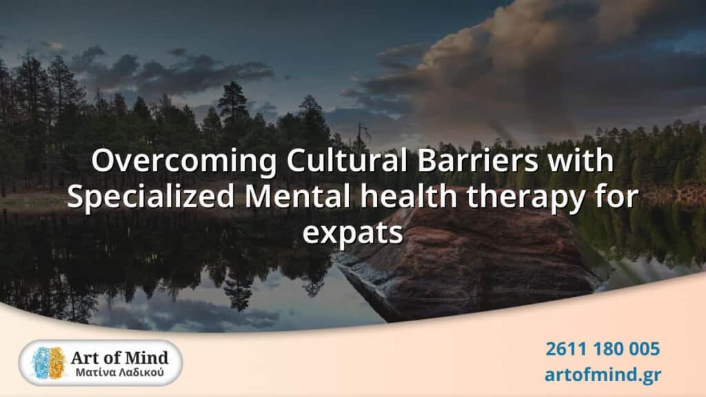 Therapist and expatriate engaged in a supportive mental health therapy session focused on overcoming cultural barriers and emotional challenges of living abroad.