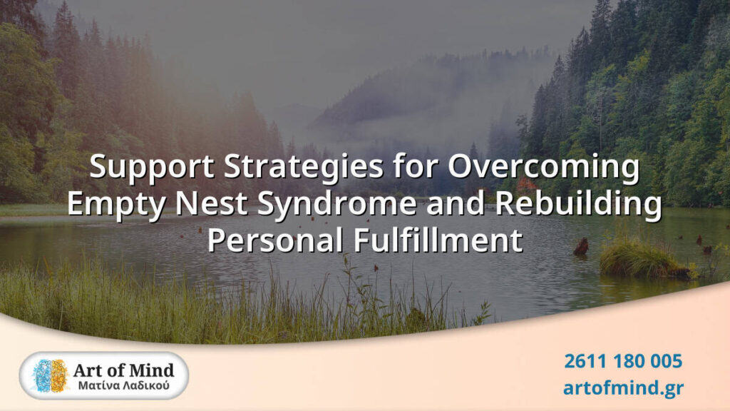 An informative graphic illustrating support strategies for individuals experiencing empty nest syndrome, focusing on rebuilding personal fulfillment and mental well-being through psychotherapy and coaching.