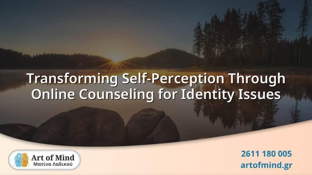 A thoughtful individual engaging in an online counseling session focused on exploring and transforming self-perception related to identity issues, supported by Art of Mind's mental health expertise.