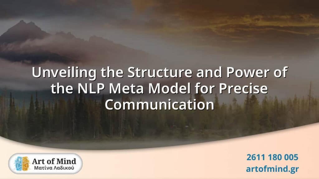 Comprehensive diagram of the NLP Meta Model structure illustrating key linguistic patterns used in psychotherapy and coaching to enhance precise communication and understanding.