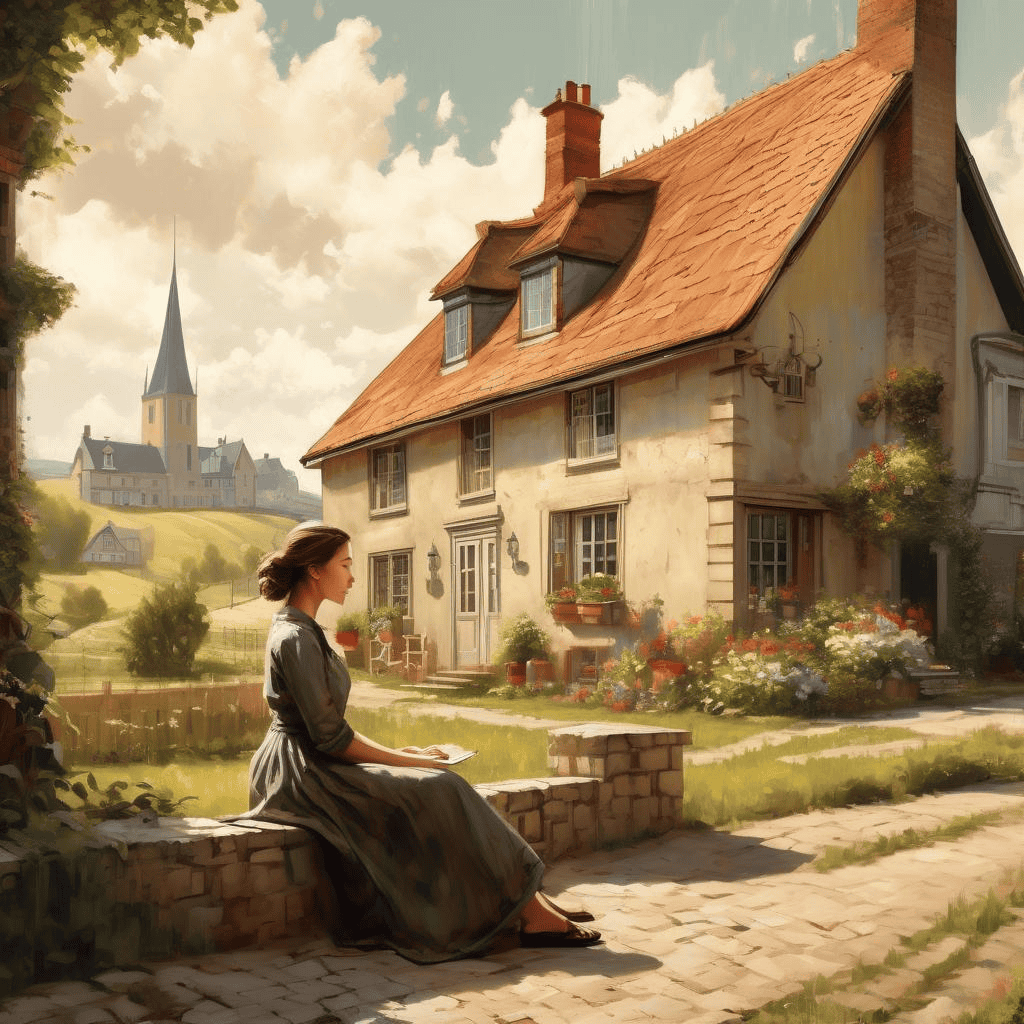 Exterior of a farmhouse with a woman sitting in front of the porch – Ernst Meyer