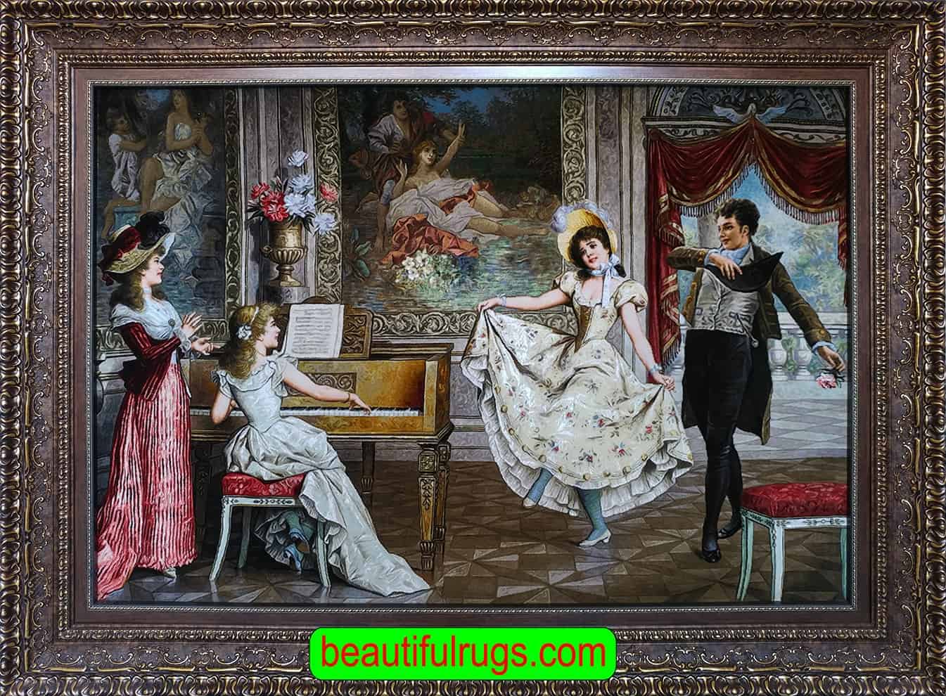 Horizontal wall hanging rug, dancing scene handmade Persian Tabriz rug, a woman is playing piano, and a couple is dancing. Unframed size is 4x2.10.