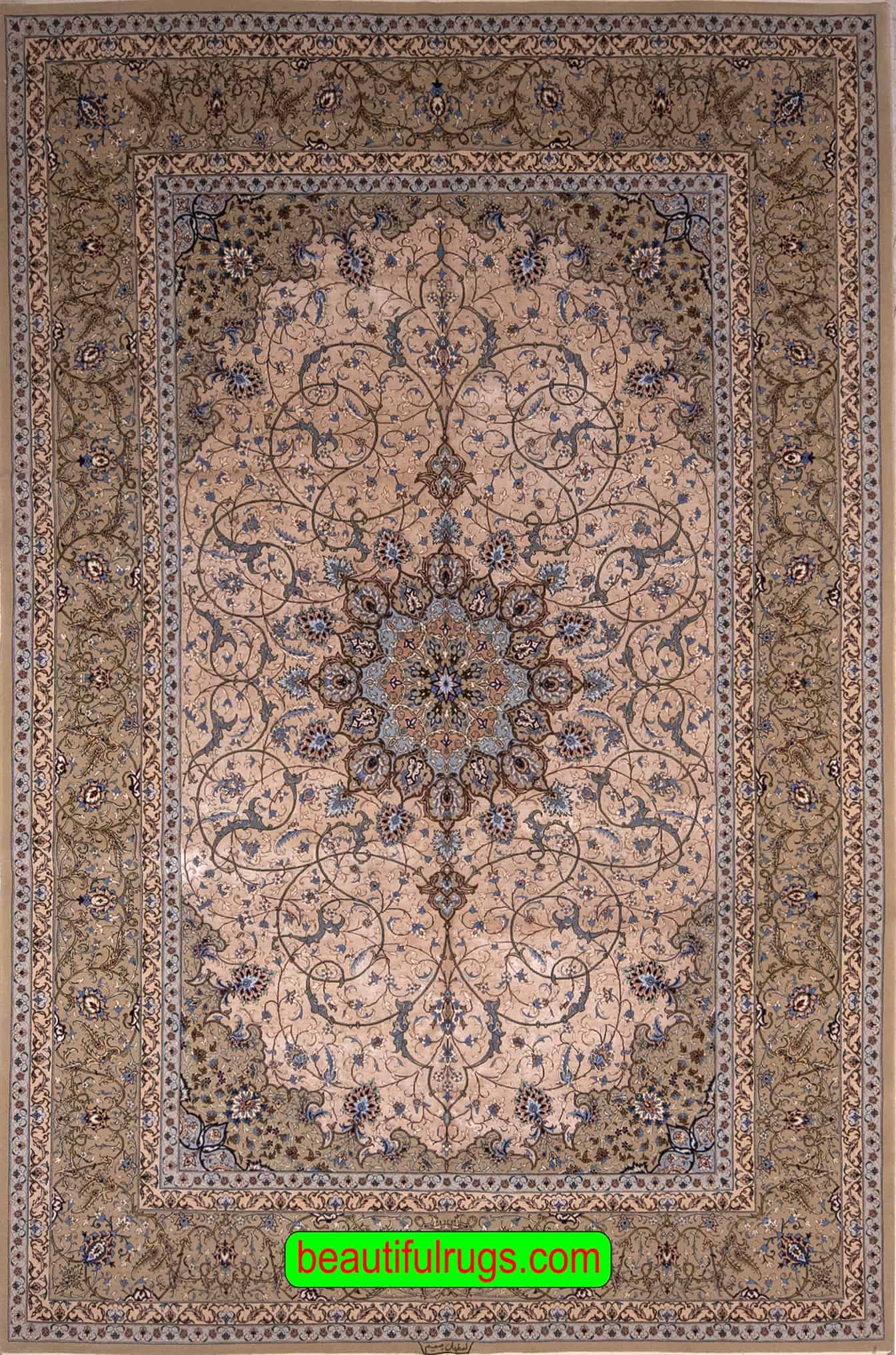 Handmade Persian rug. Silk and wool Isfahan rug in champagne and olive green colors. Size 6.7x10.5.