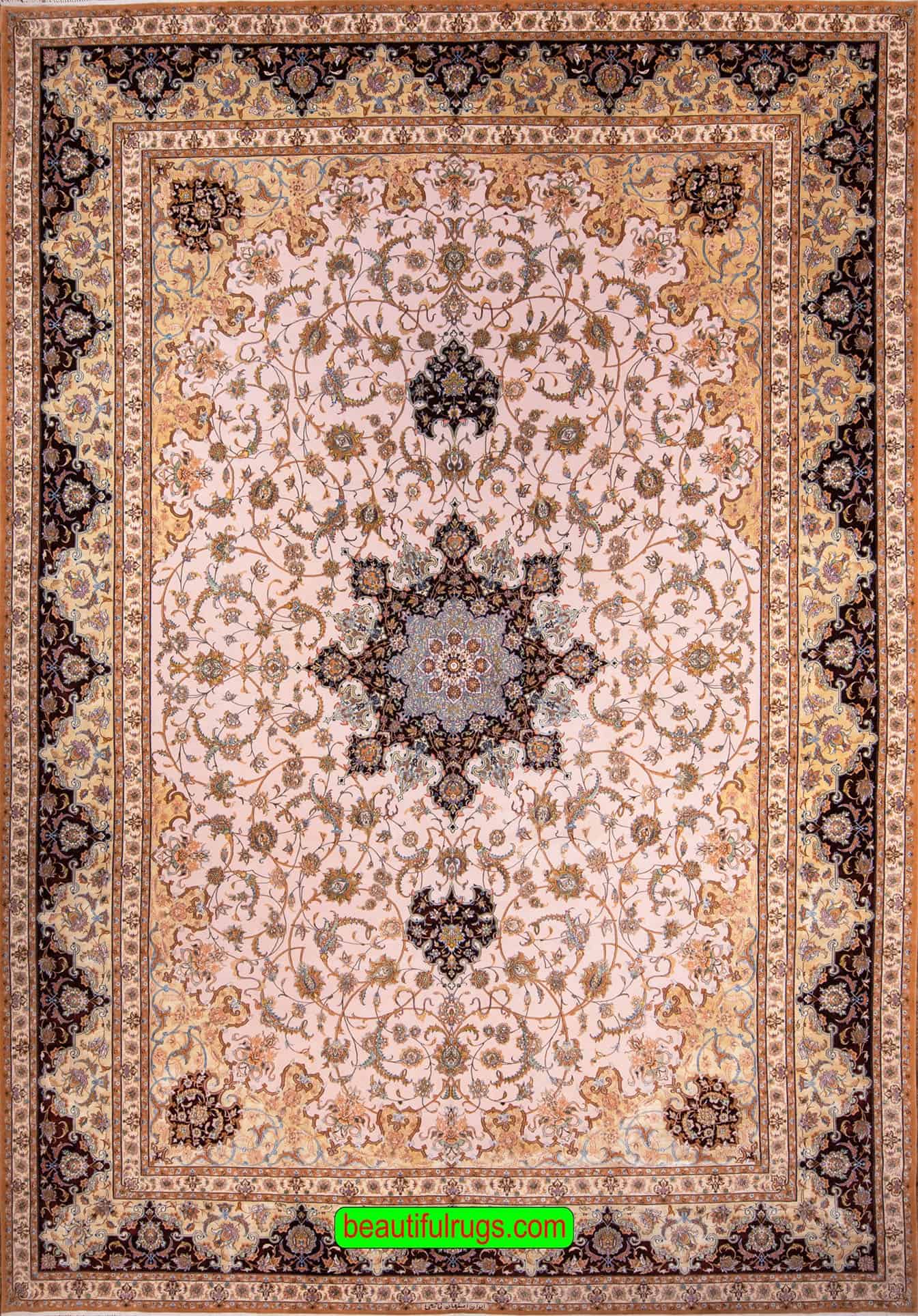 Oversized rug, beautiful handmade luxury Persian Isfahan rug in beige, gold, and maroon colors. Size 11.9x17.