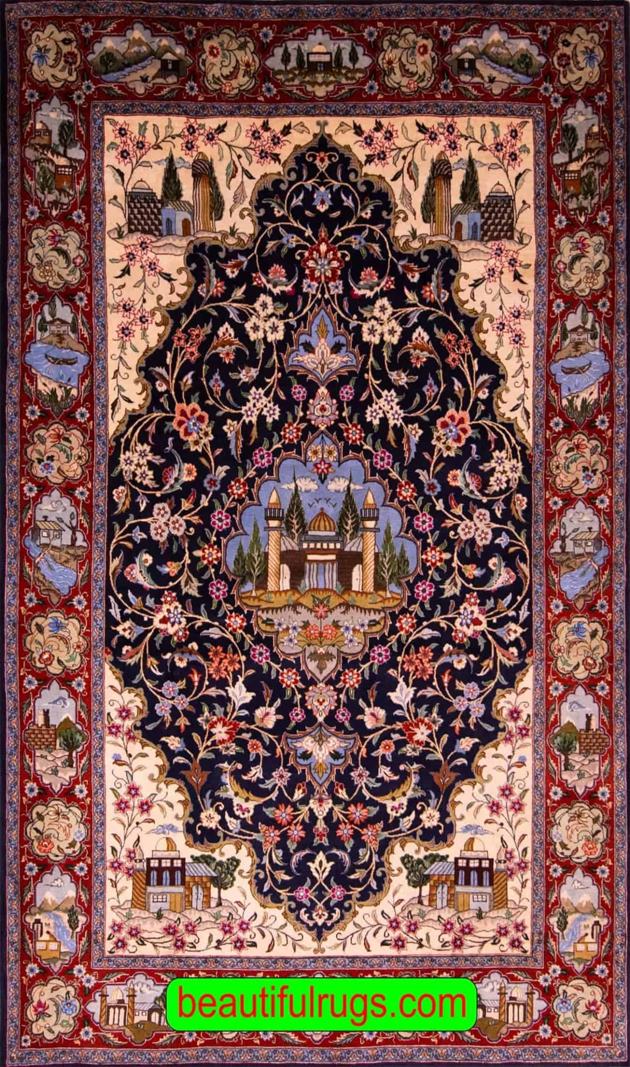 Handmade Persian Qum carpet with flowers and buildings. Size 5x8