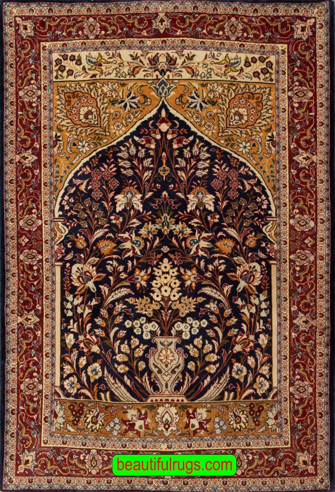 Vintage Persian Sarouk prayer rug in navy blue color. Size 3.7x4.10