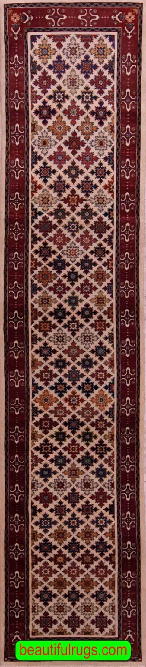 12 ft runners, vegetable dye Persian Qashqai runner rug, beige and terracotta color.
