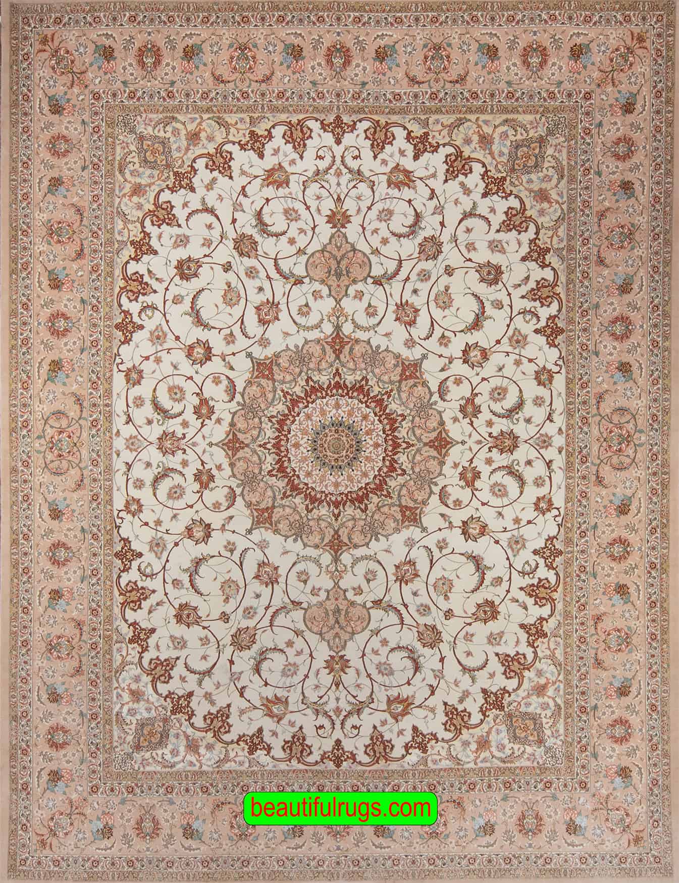 Ivory Persian rug, natural Dyed Rug, Handmade Persian Isfahan Rug, Kurk Wool & Silk Rug. Size 10.2x13.3.