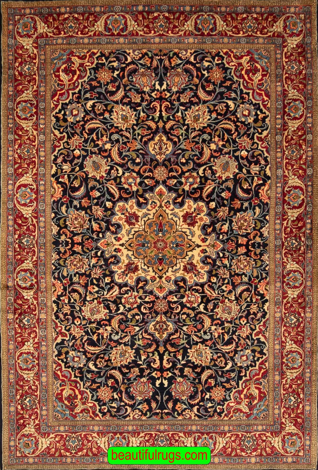 Old Persian rug, floral Persian Sarouk rug with navy blue and red color. Size 4.10x7.6