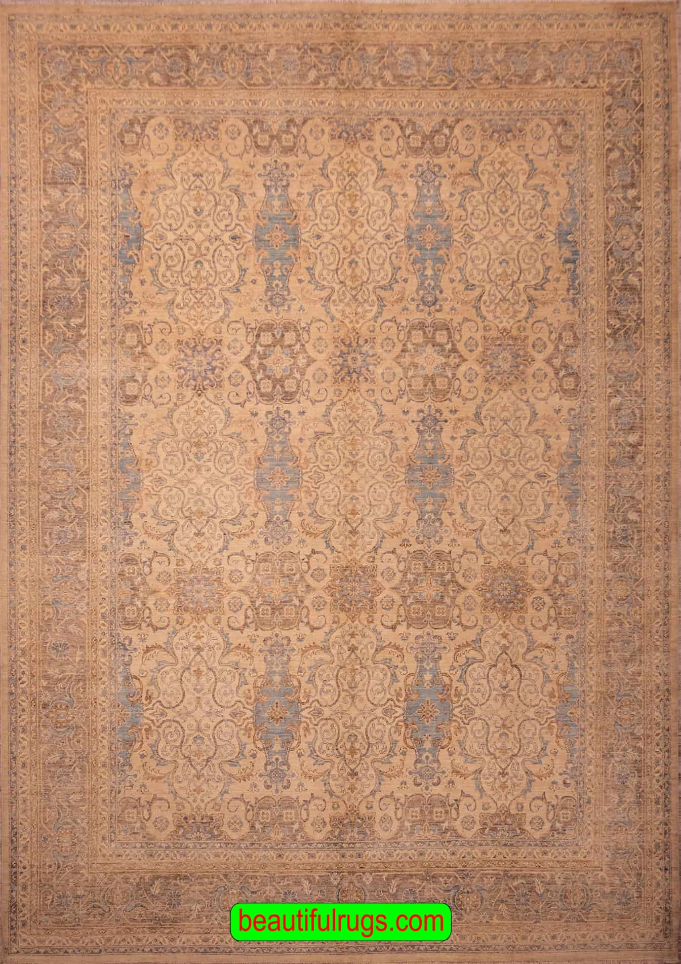 Hand woven oriental wool rug with beige and turquoise colors. Size 8.9x11.10.