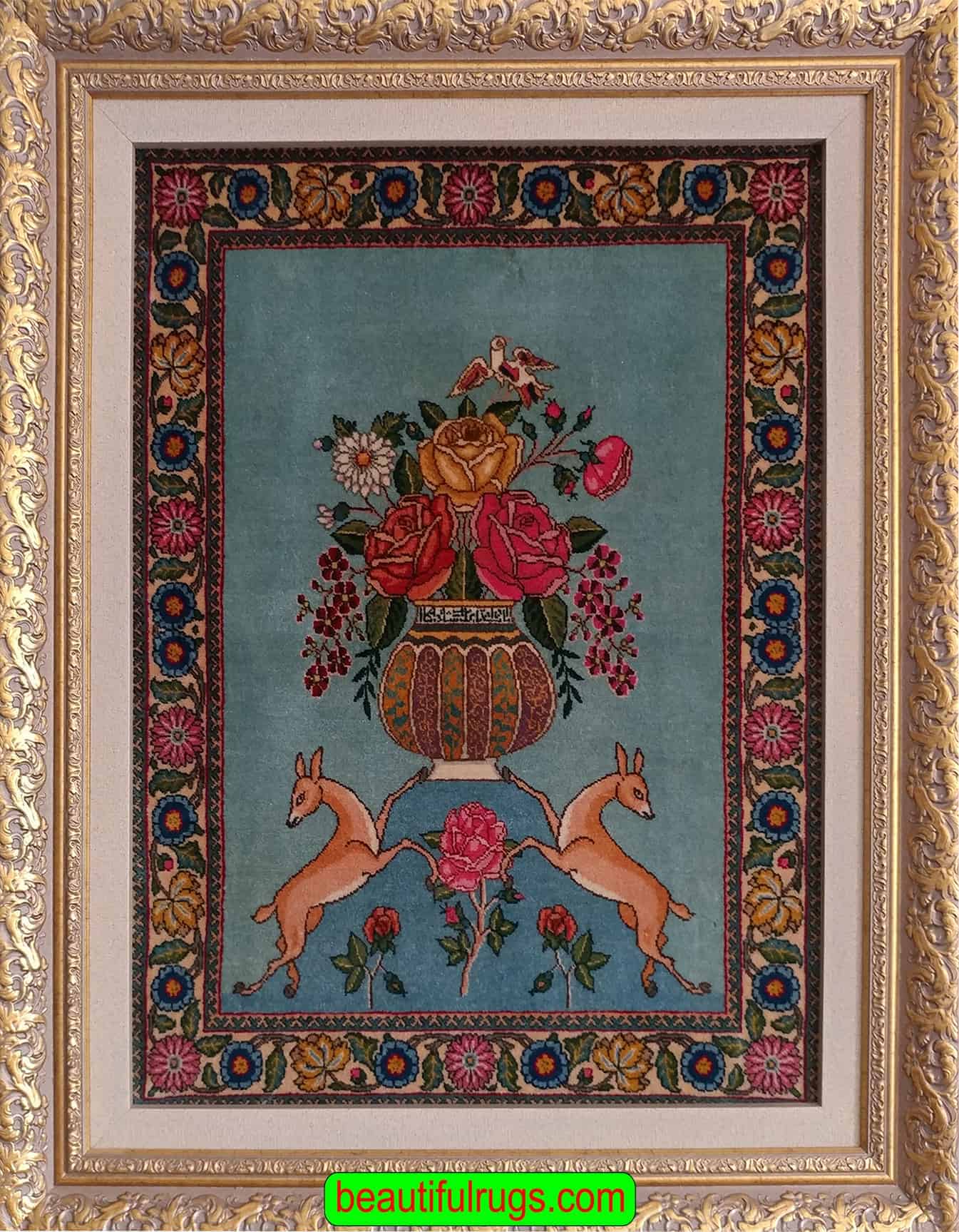 Handmade wall hanging rug. Antique Persian Tabriz wall rug in turquoise, two deers are holding a vase of flower. Size 1.10x2.6