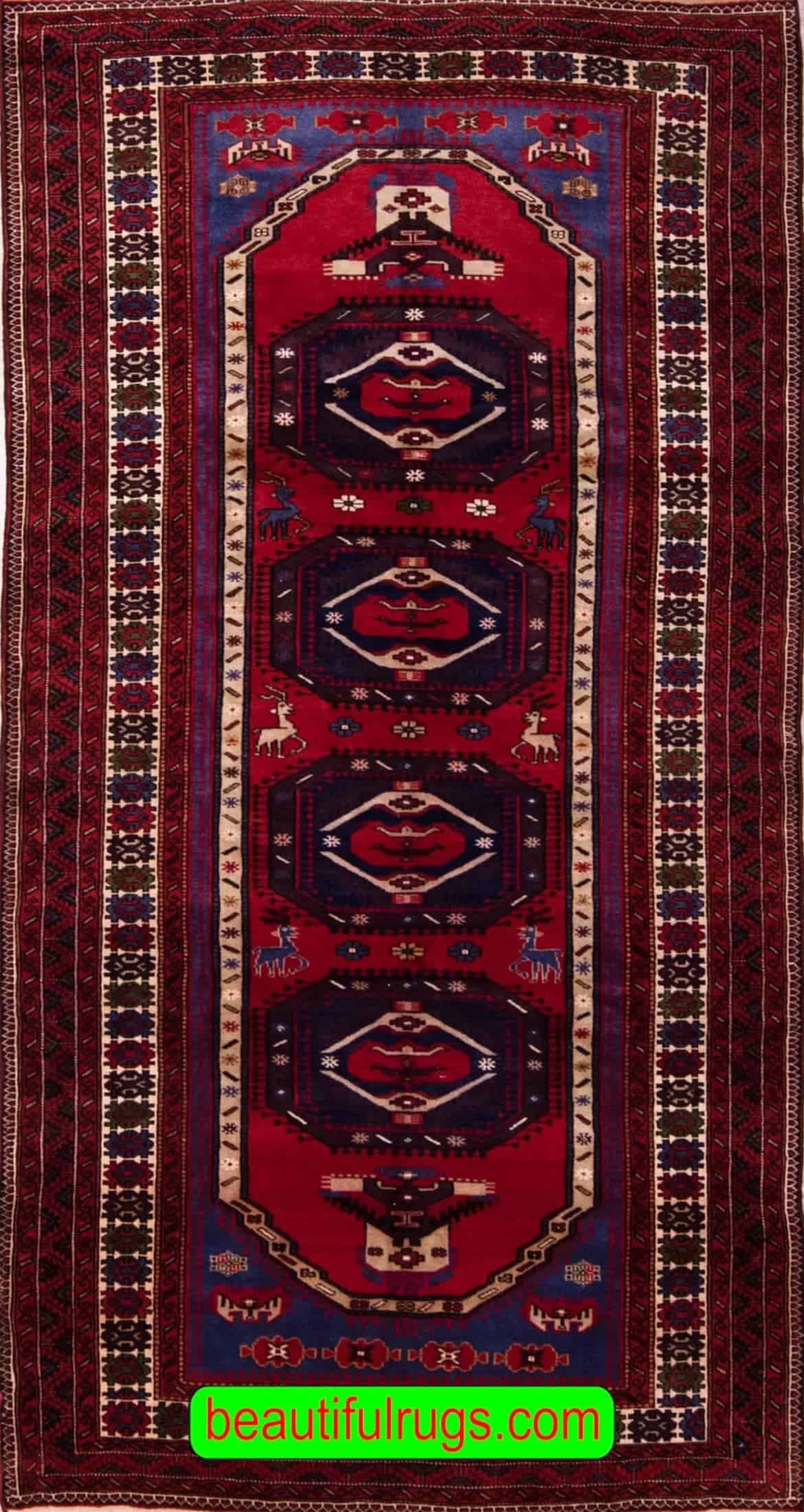 Wide runner rug, Handmade geometric style Baluchi Persian runner in red and blue colors. Size 4.5x9.8.