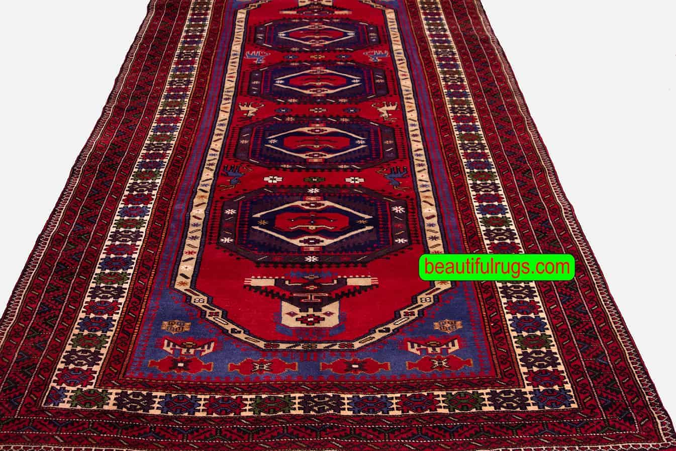 Wide runner rug, Handmade geometric style Baluchi Persian runner in red and blue colors. Size 4.5x9.8.