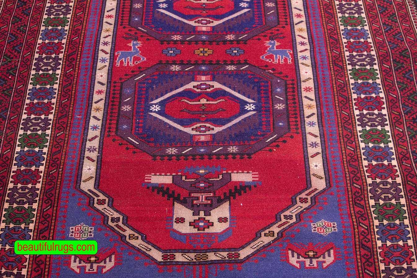 Wide runner rug, Handmade geometric style Baluchi Persian runner in red and blue colors. Size 4.5x9.8.