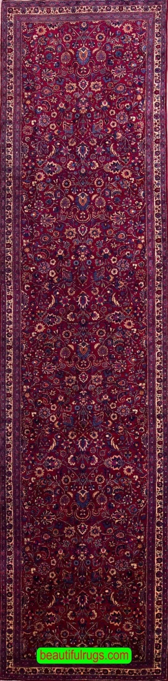 Wide and long Persian Mashad Runner rug in raspberry red color. Size 4.3x16.9