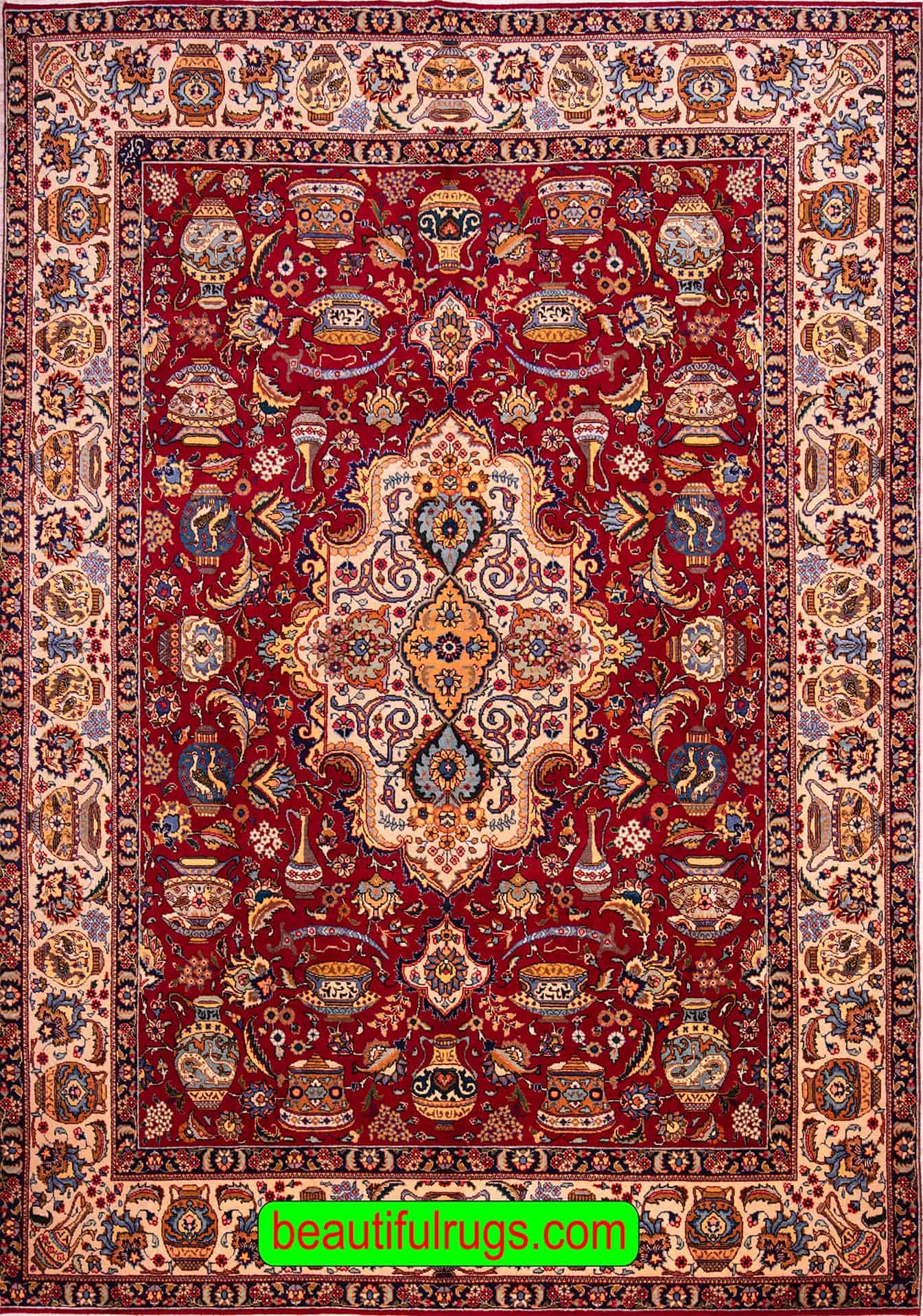 Old Persian Rug, 8×11 Rug, Red Color Persian Tabriz Rug, size 8.2 x 11.2.