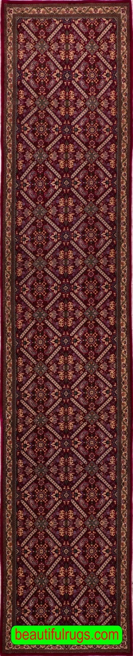 14 foot runner, handmade Persian Qum hallway runner rug in allover design and red color throughout the runner.