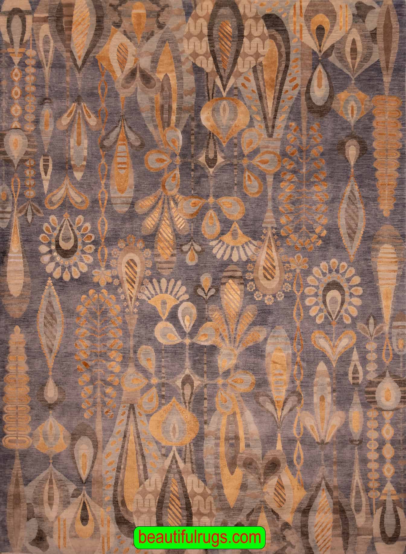 Transitional style handmade designer rug in gray blue and gold colors. Size 8x10.4.