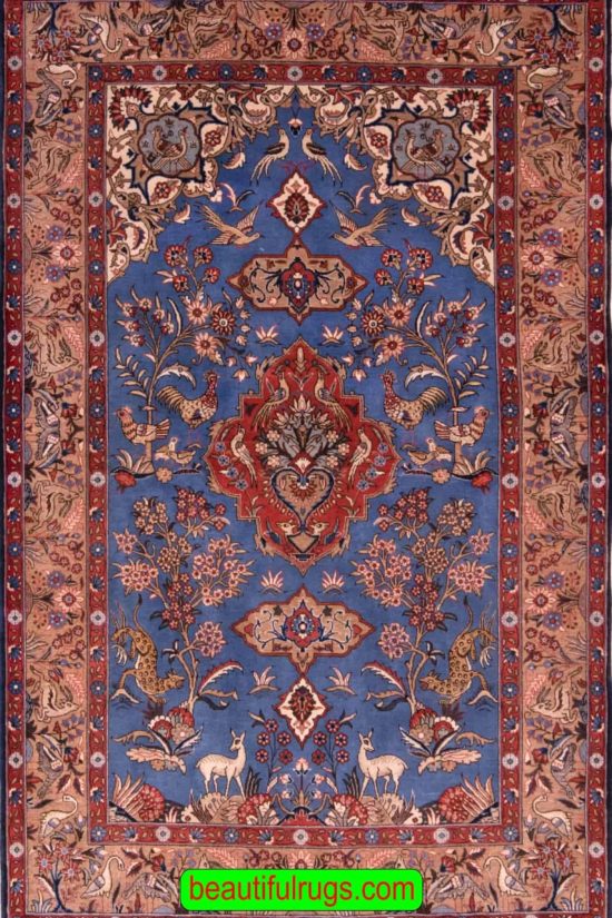 Blue Color Handmade Persian Qum Rug with Rooster and Deer. Size 4.7x7.