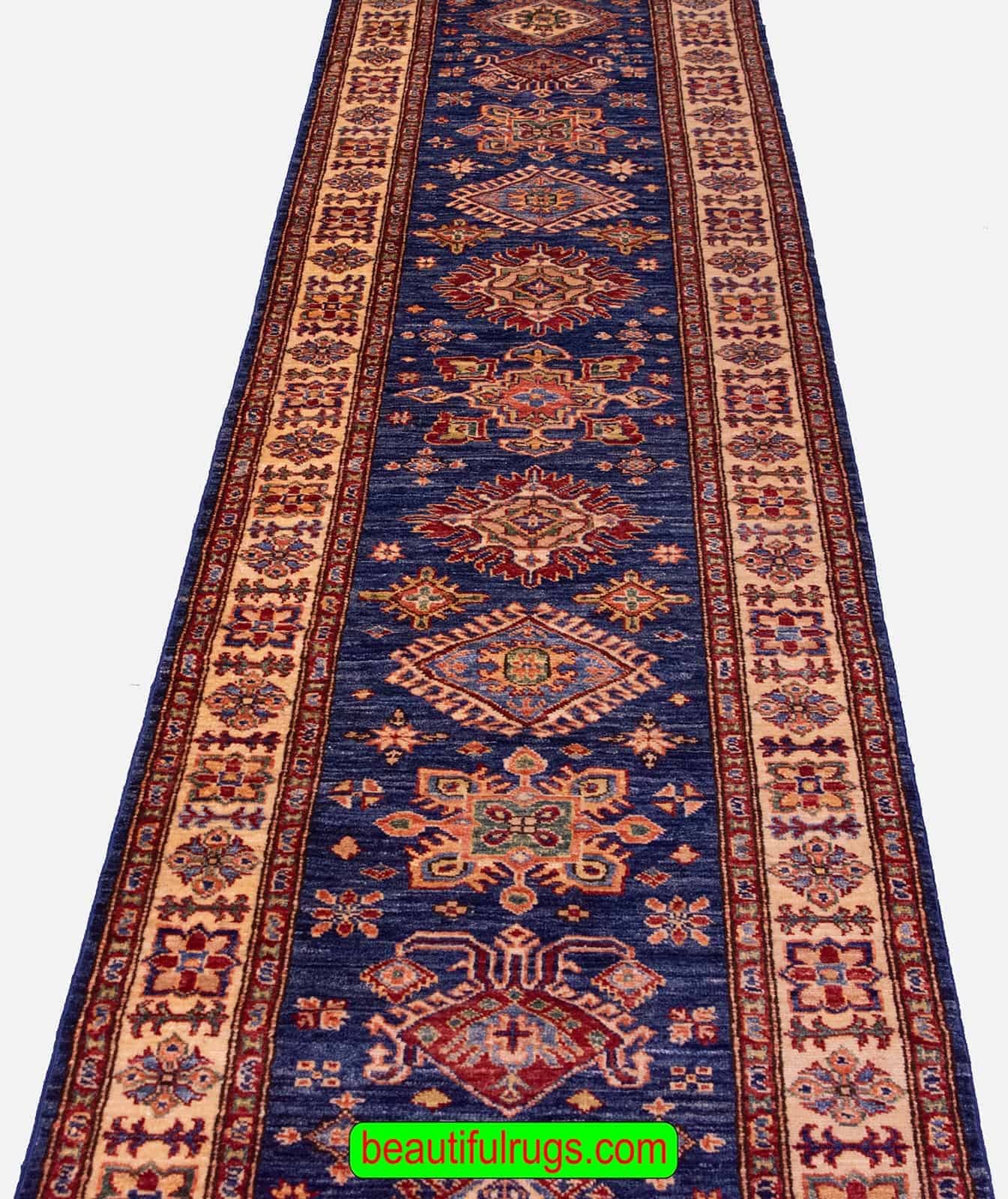 10 foot runner, super Kazak runner rug in blue color made from wool. The actual size is 2.8x10.7.