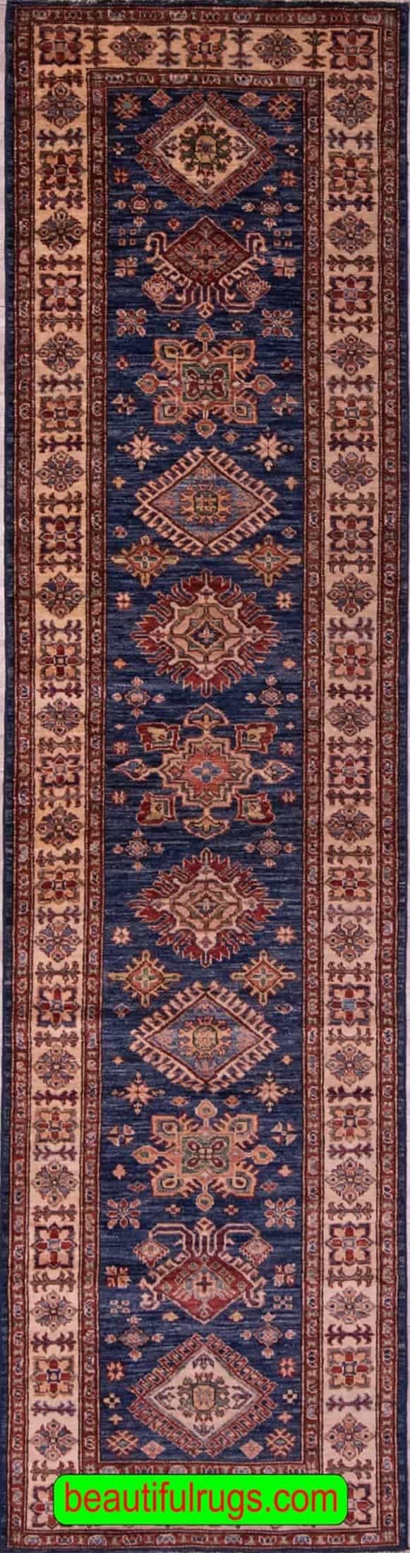 10 foot runner, super Kazak runner rug in blue color made from wool. The actual size is 2.8x10.7.