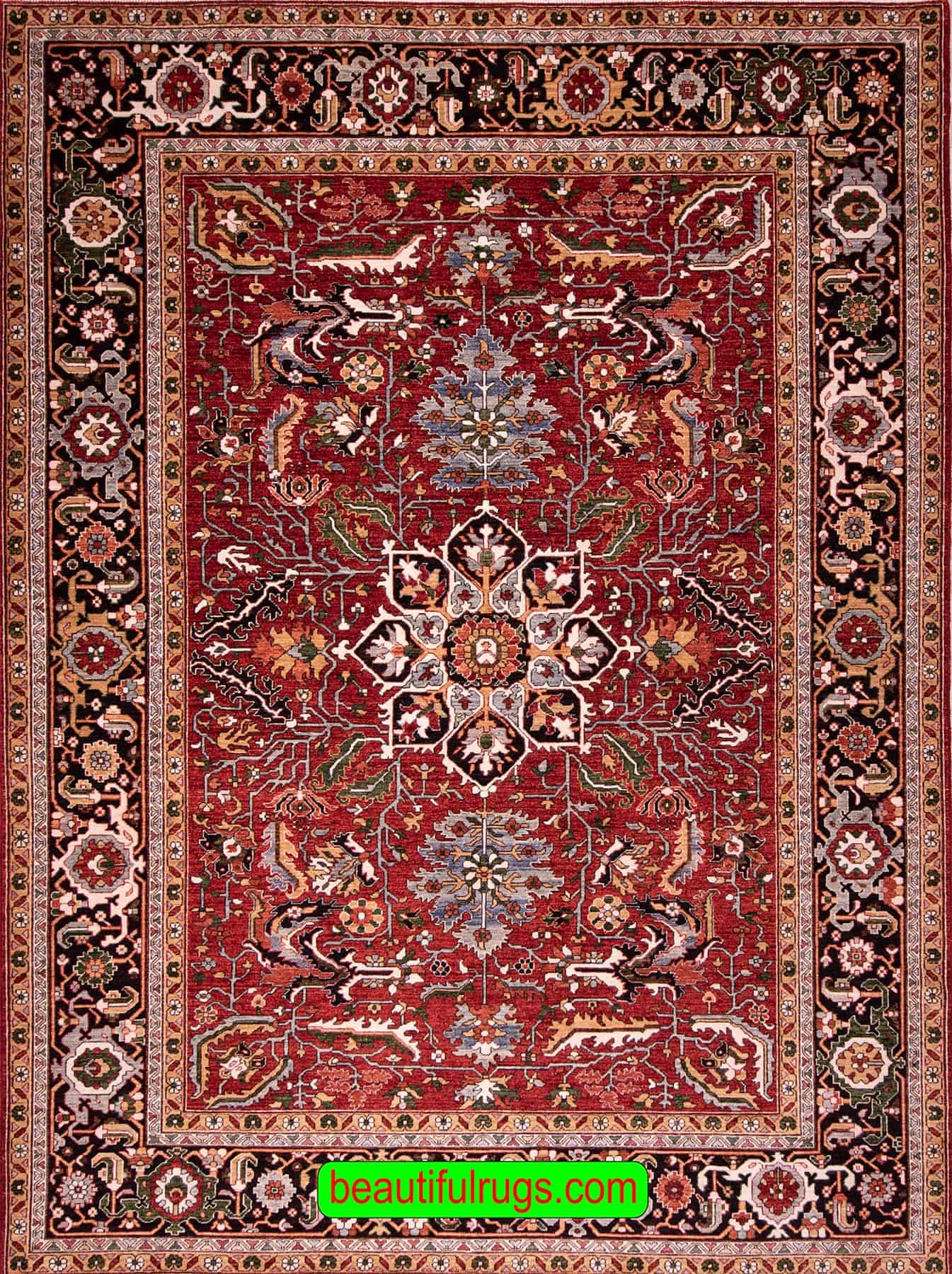 Geometric Oriental Rug, Orange Red Color Rug Serapi Design Rug. Size 9.1x12.1