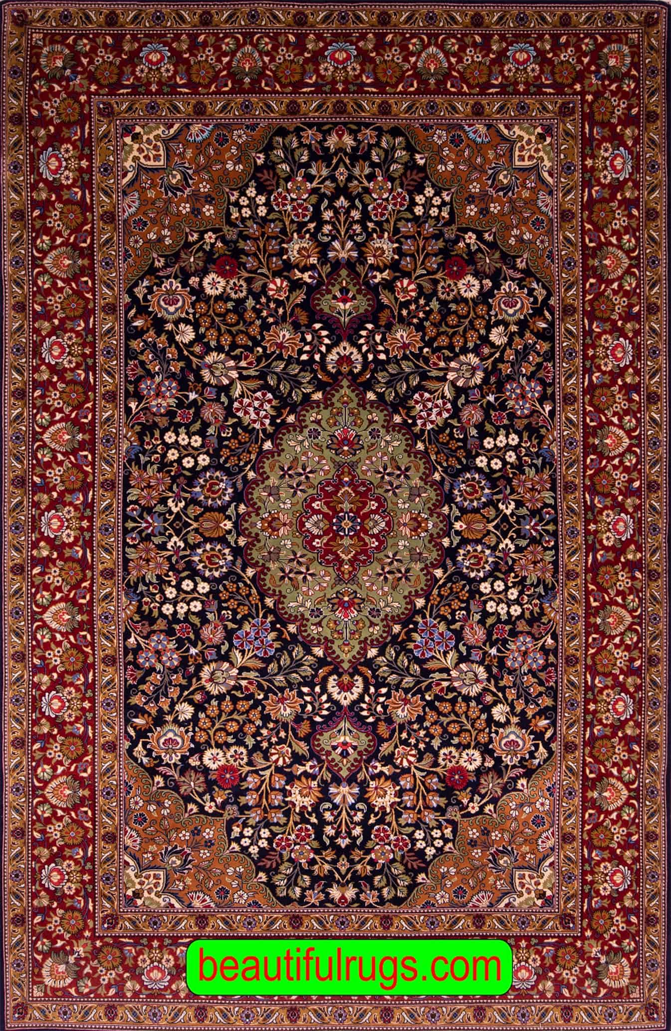 Carpets of Iran for sale at beautiful Rugs. Floral style handmade Iranian Qum carpet in navy blue and red color. Size 5.5x8.10