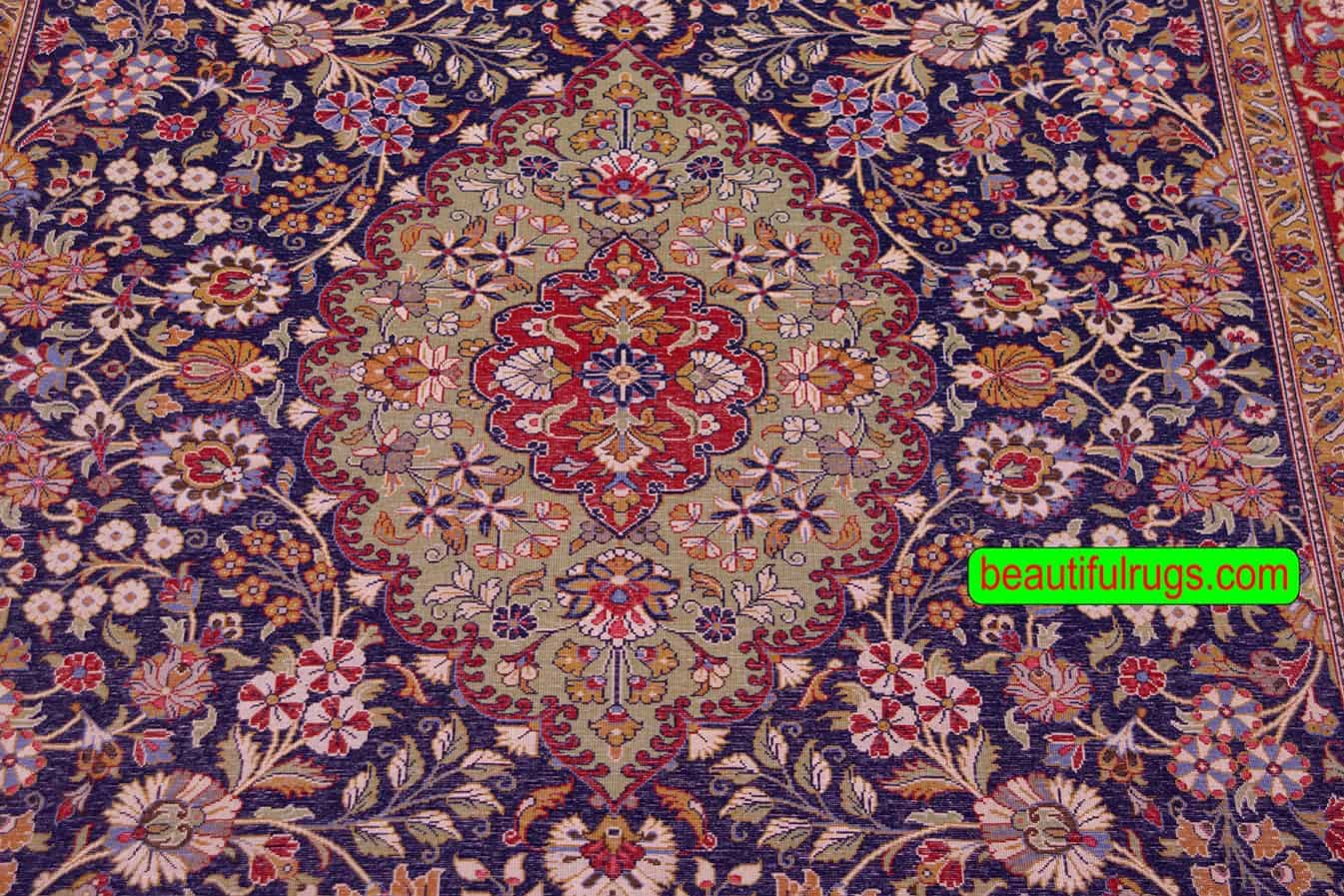 Carpets of Iran for sale at beautiful Rugs. Floral style handmade Iranian Qum carpet in navy blue and red color. Size 5.5x8.10