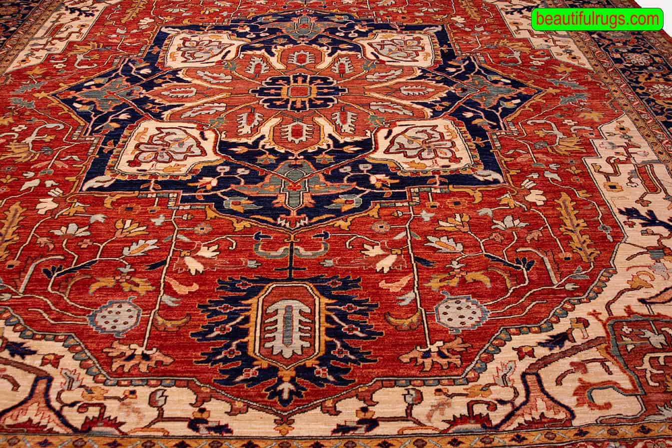 Geometric Serapi design rug with Terracotta and navy blue colors. Size 12.2x14.10