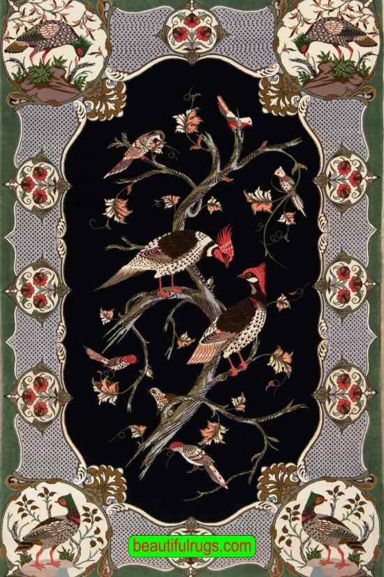 4x6 rugs, Persian hand knotted rug, qual design rug made in Qum Iran, in black and green colors.