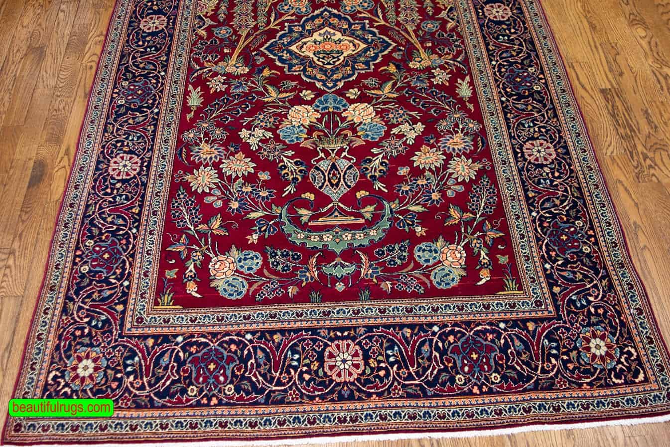 Old Kashan rug, handmade Persian Kashan Area Rug in red and navy blue color. Size 4.7x7.