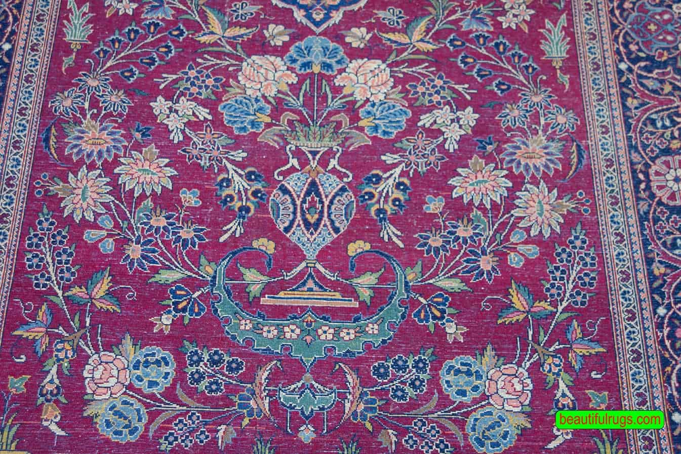 Old Kashan rug, handmade Persian Kashan Area Rug in red and navy blue color. Size 4.7x7.