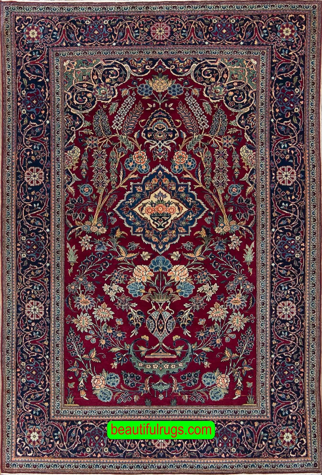 Old Kashan rug, handmade Persian Kashan Area Rug in red and navy blue color. Size 4.7x7.