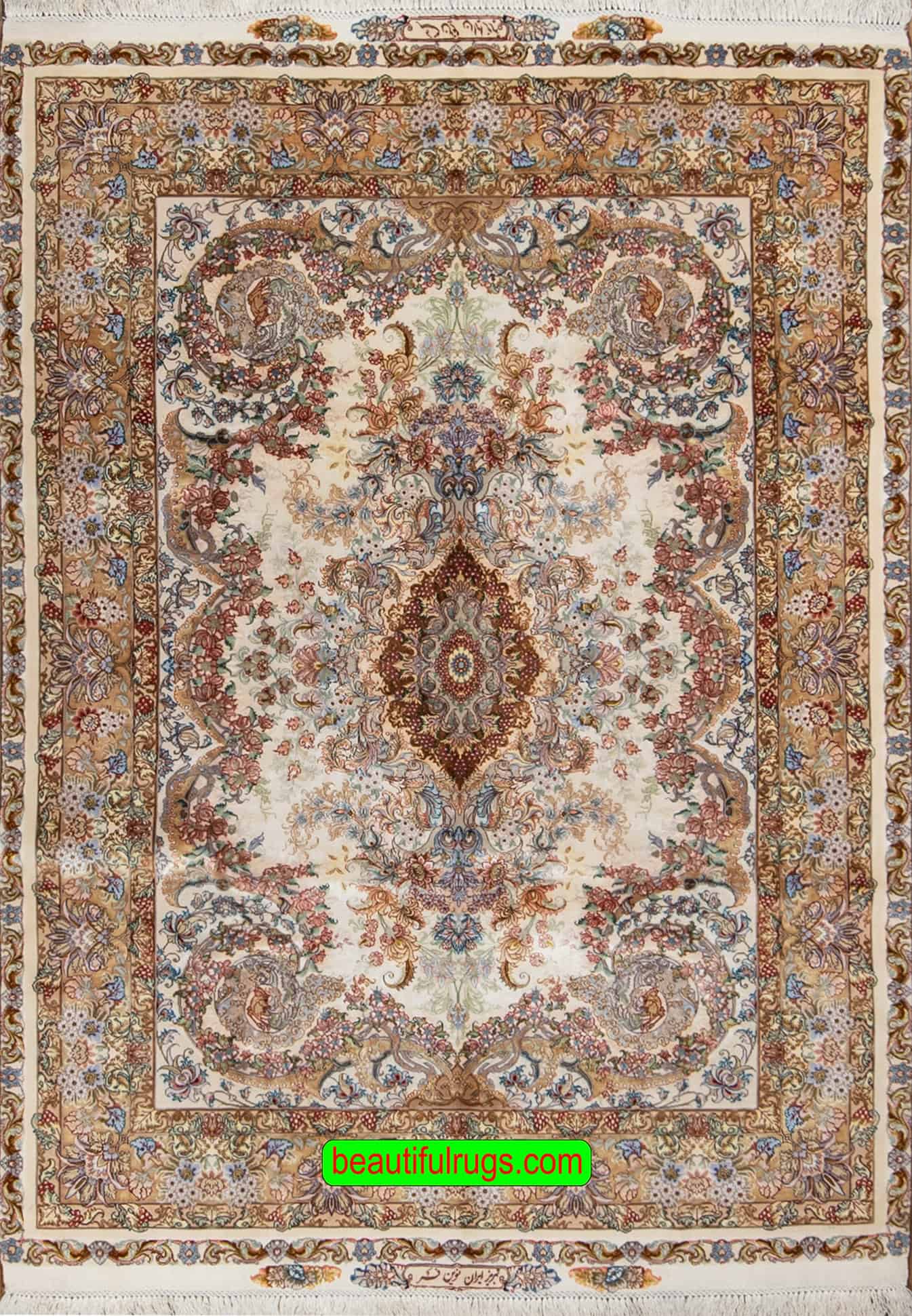 Silk Persian rug with beige and brown colors. Size 4.10x7.3