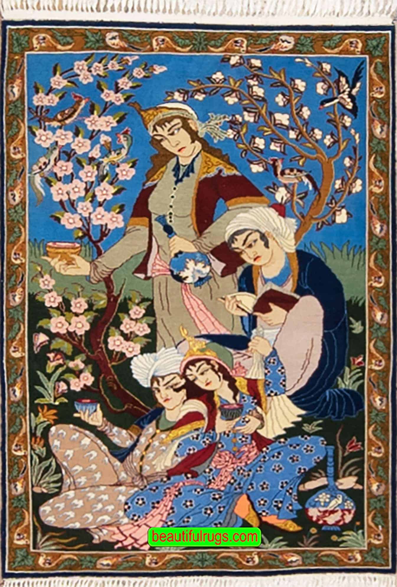 Small wall rug, multicolor old handmade Persian Isfahan rug with Omar Khayyam design. Size 2.6x3.7.