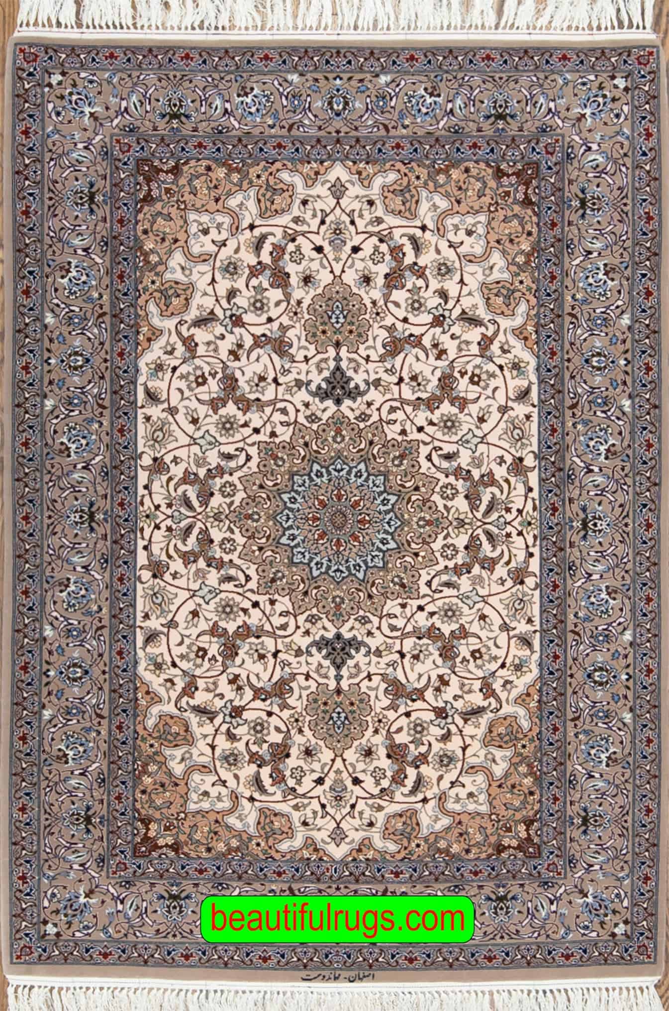 Small area rugs, beige color Persian Isfahan wool and silk rug. Size 4x5.10.