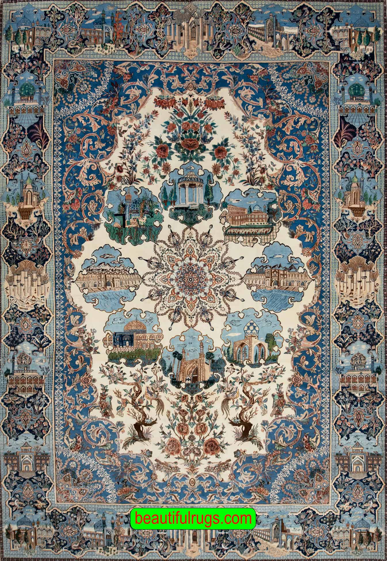 Persian Nain rug illustrating Persepolis and tomb of Hafez, fine quality Persian Nain rug. Size 8.6x12.4.