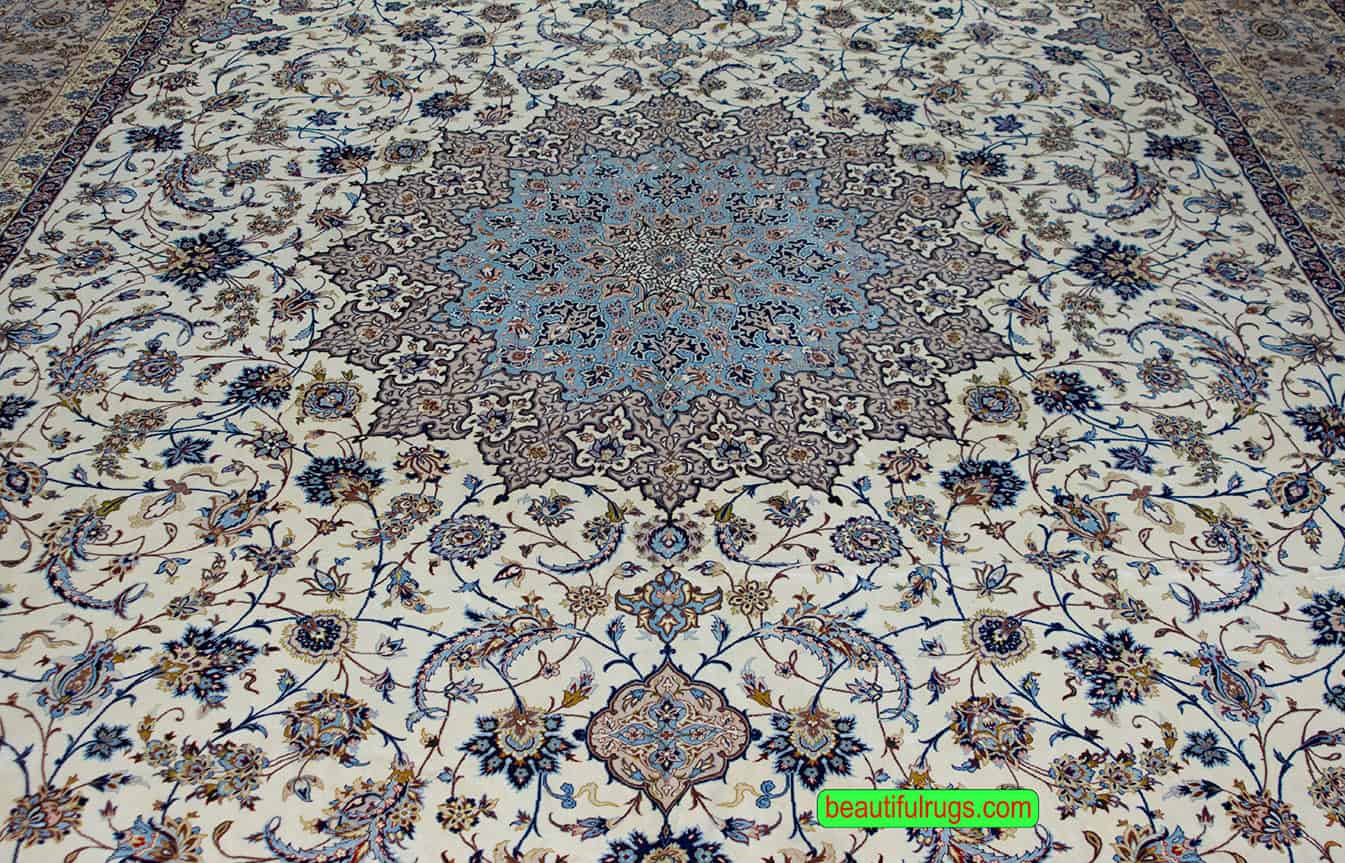 Large Persian Isfahan rug, beige and blue color. Size 11.7x16.8