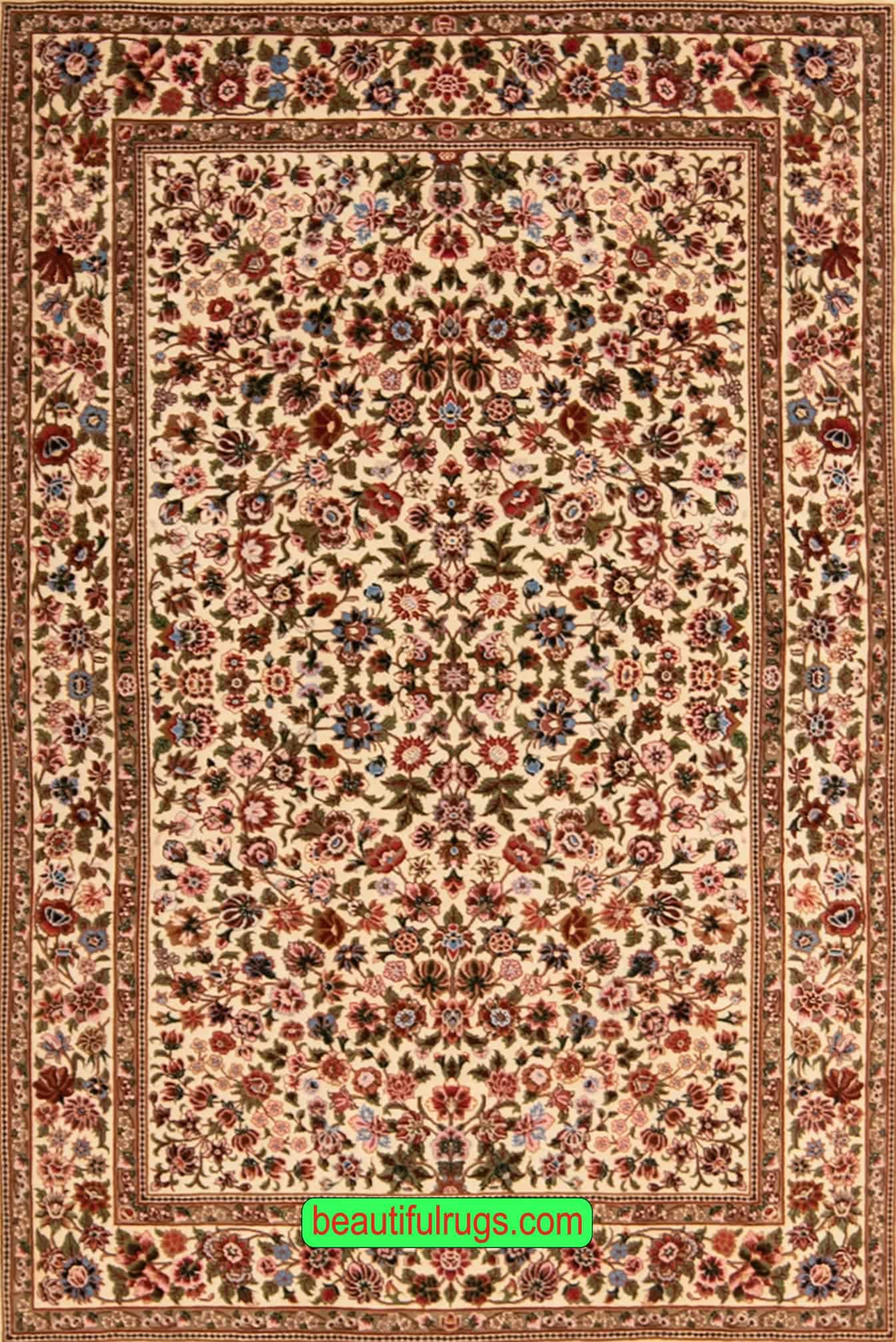 Handmade Persian rug, Allover floral design Persian Qum rug made from kork wool and silk. Size 3.7x5.7.